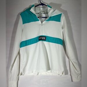 VICTORIA SECERT PINK SWEATSHIRT HOODIE WOMEN S WHITE TURQUOISE PULL ON‎ 1/2 ZIP